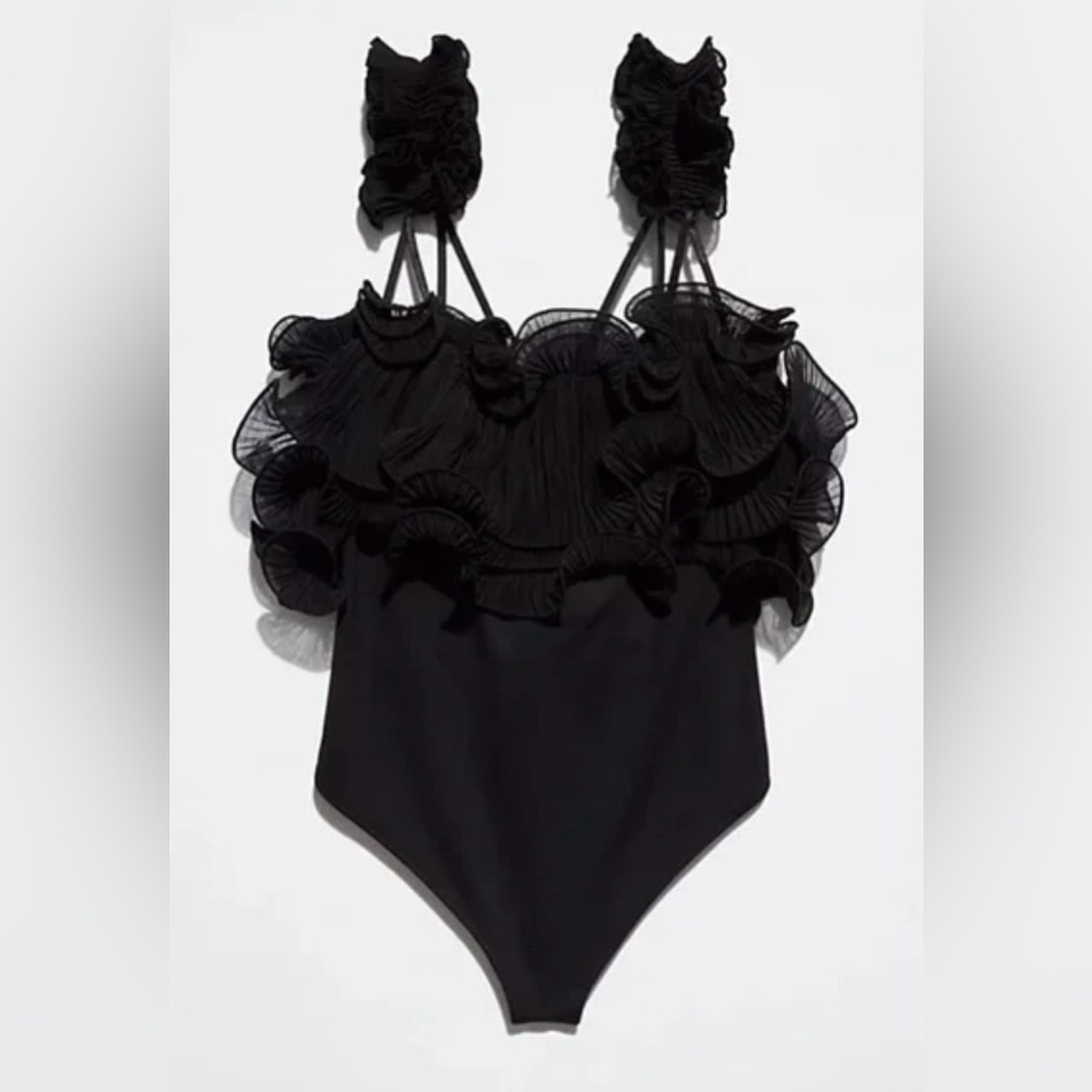 Free People Just for the Frill of It Black Bodysuit